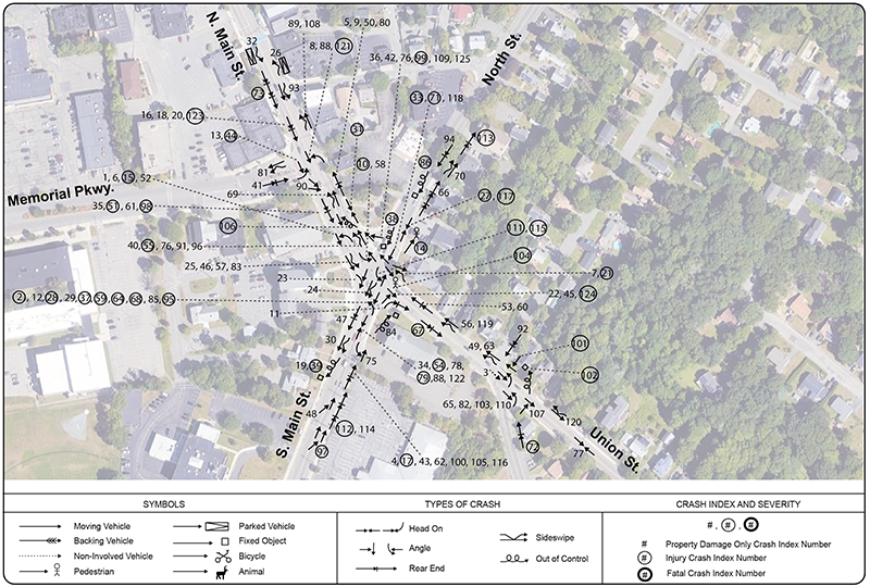 Figure 2: Collision Diagram: Crawford Square in Randolph
This figure illustrates crashes between the years of 2015 and 2021 on an aerial image of the study area.
Figure 2: Collision Diagram: Crawford Square in Randolph
This figure illustrates crashes between the years of 2015 and 2021 on an aerial image of the study area.